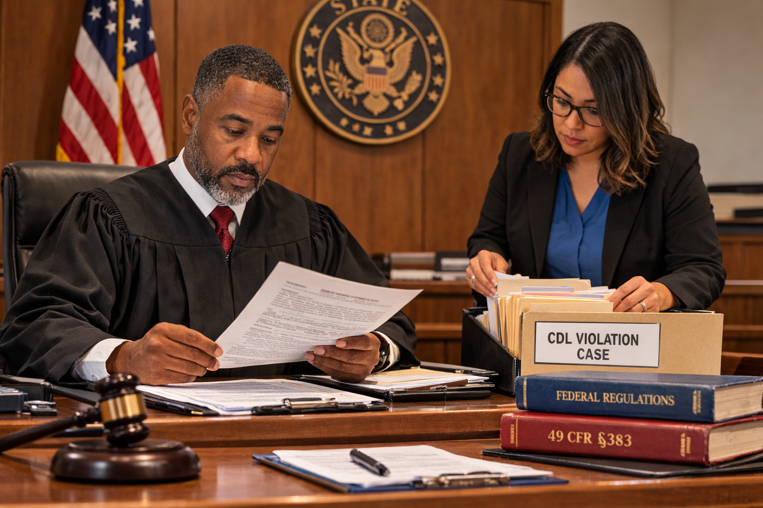 Court personnel and judge reviewing CDL violation case documents.