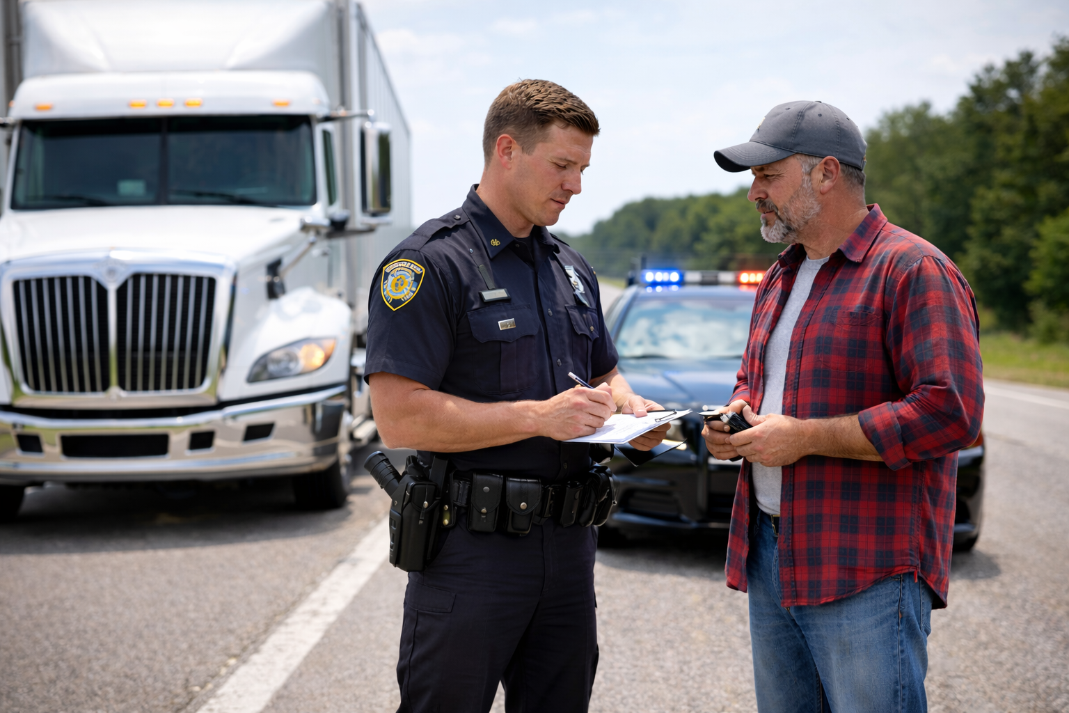 Law enforcement officer reviewing a roadside commercial vehicle stop with a driver.