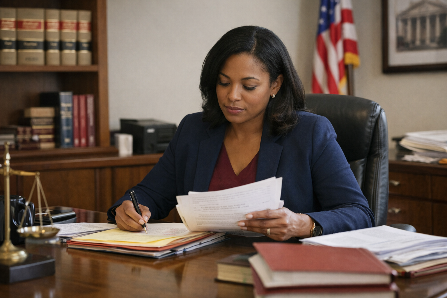 Prosecutor reviewing legal documents at a desk.