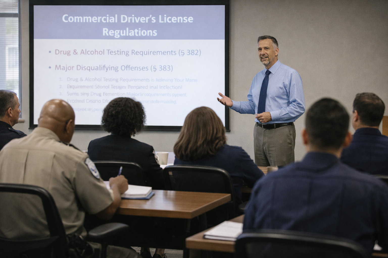 Trainer presenting CDL regulations in a classroom.